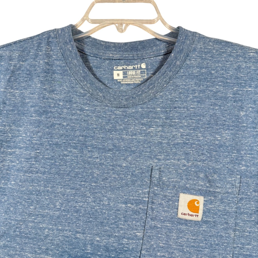 Carhartt Pocket T-Shirt Mens Medium Blue Loose Fit Short Sleeve Heathered Logo
